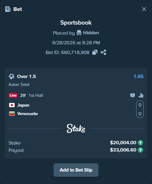 Bet slip: Japan - Venezuela, $20,000.00 stake at 1.65 odds, placed by Hidden