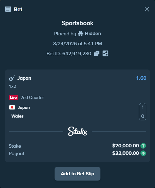 Bet slip: Japan - Wales, $20,000.00 stake at 1.60 odds, placed by Hidden