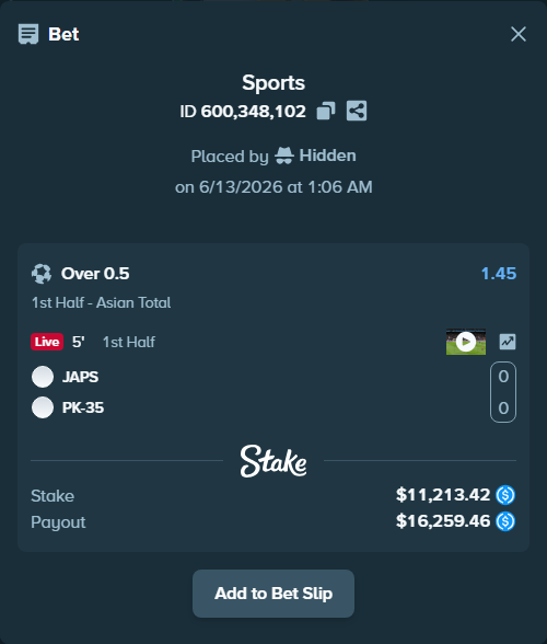 Bet slip: JaPS - PK-35 Helsinki, $11,213.42 stake at 1.45 odds, placed by Hidden