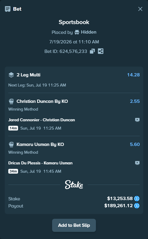 Bet slip: Jared Cannonier - Christian Duncan, $13,253.58 stake at 2.55 odds, placed by Hidden