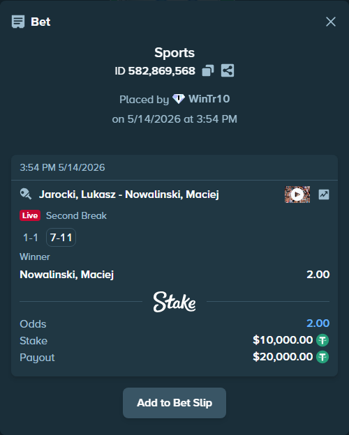 Bet slip: Jarocki, Lukasz - Nowalinski, Maciej, $10,000.00 stake at 2.00 odds, placed by WinTr10