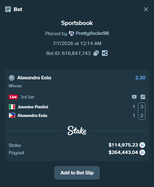 Bet slip: Jasmine Paolini - Alexandra Eala, $104,189.97 stake at 2.30 odds, placed by Prettylfacko98