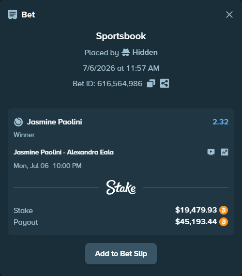 Bet slip: Jasmine Paolini - Alexandra Eala, $19,196.19 stake at 2.32 odds, placed by Hidden