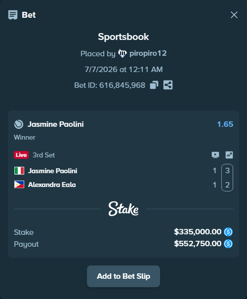 Bet slip: Jasmine Paolini - Alexandra Eala, $335,000.00 stake at 1.65 odds, placed by piropiro12