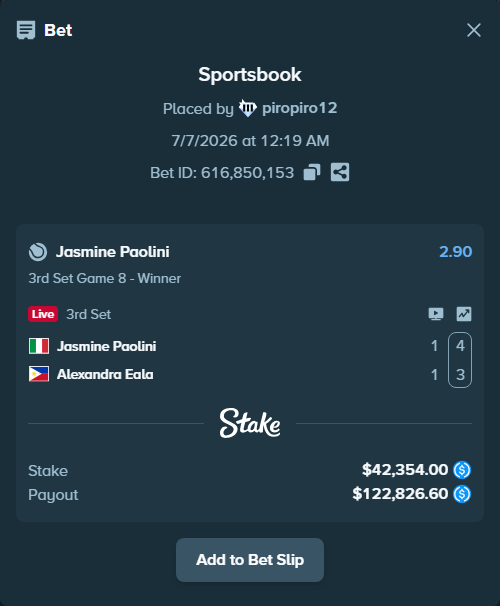Bet slip: Jasmine Paolini - Alexandra Eala, $42,354.00 stake at 2.90 odds, placed by piropiro12