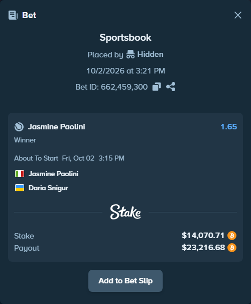 Bet slip: Jasmine Paolini - Daria Snigur, $14,008.18 stake at 1.65 odds, placed by Hidden