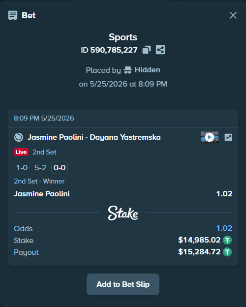 Bet slip: Jasmine Paolini - Dayana Yastremska, $15,000.00 stake at 1.02 odds, placed by Hidden