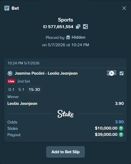 Bet slip: Jasmine Paolini - Leolia Jeanjean, $10,000.00 stake at 3.90 odds, placed by Hidden