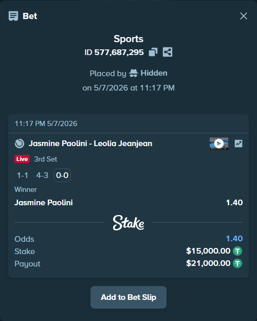 Bet slip: Jasmine Paolini - Leolia Jeanjean, $15,000.00 stake at 1.40 odds, placed by Hidden