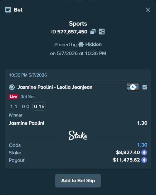 Bet slip: Jasmine Paolini - Leolia Jeanjean, $6,574.31 stake at 1.30 odds, placed by Hidden