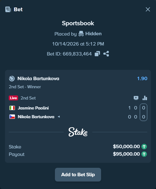 Bet slip: Jasmine Paolini - Nikola Bartunkova, $50,050.00 stake at 1.90 odds, placed by Hidden