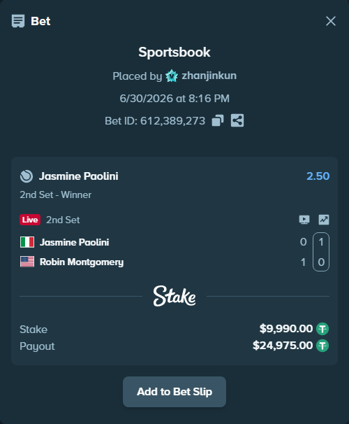 Bet slip: Jasmine Paolini - Robin Montgomery, $10,009.98 stake at 2.50 odds, placed by zhanjinkun