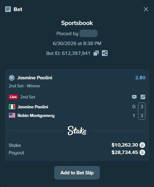 Bet slip: Jasmine Paolini - Robin Montgomery, $11,465.46 stake at 2.80 odds, placed by Prettylfacko98