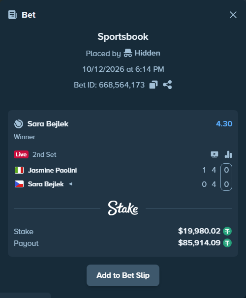 Bet slip: Jasmine Paolini - Sara Bejlek, $20,000.00 stake at 4.30 odds, placed by Hidden