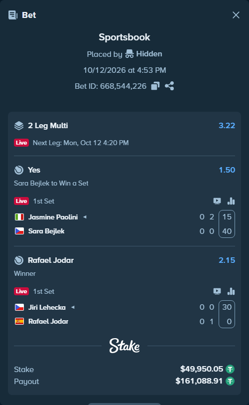 Bet slip: Jasmine Paolini - Sara Bejlek, $50,000.00 stake at 1.50 odds, placed by Hidden