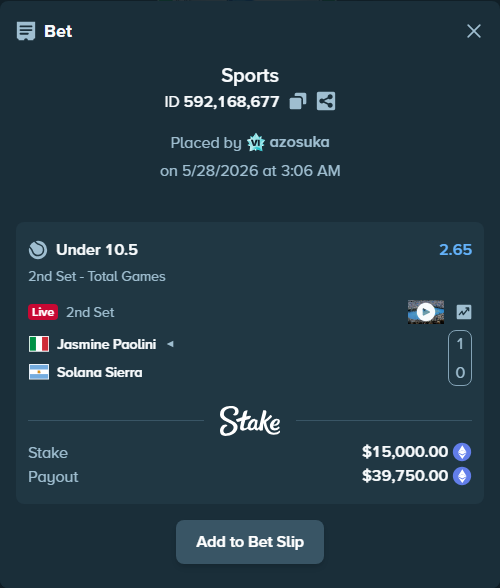 Bet slip: Jasmine Paolini - Solana Sierra, $12,645.79 stake at 2.65 odds, placed by azosuka