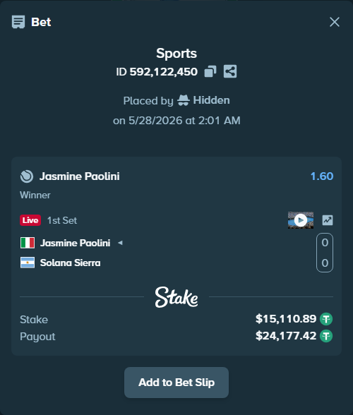Bet slip: Jasmine Paolini - Solana Sierra, $15,126.00 stake at 1.60 odds, placed by Hidden