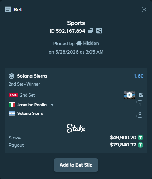 Bet slip: Jasmine Paolini - Solana Sierra, $50,000.00 stake at 1.60 odds, placed by Hidden