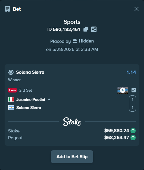Bet slip: Jasmine Paolini - Solana Sierra, $60,000.00 stake at 1.14 odds, placed by Hidden