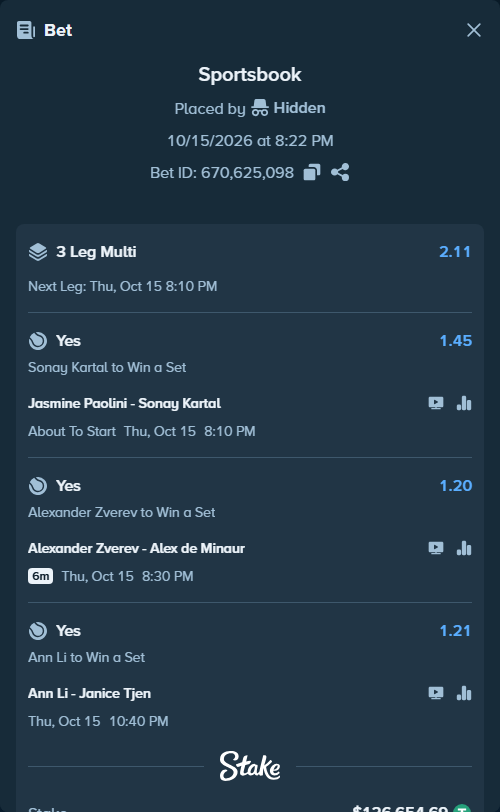 Bet slip: Jasmine Paolini - Sonay Kartal, $126,781.34 stake at 1.45 odds, placed by Hidden