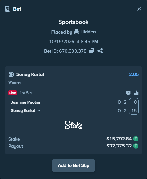 Bet slip: Jasmine Paolini - Sonay Kartal, $15,808.63 stake at 2.05 odds, placed by Hidden