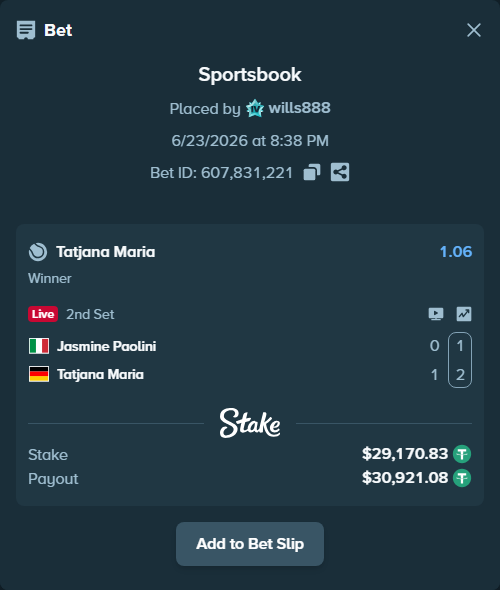 Bet slip: Jasmine Paolini - Tatjana Maria, $29,200.00 stake at 1.06 odds, placed by wills888