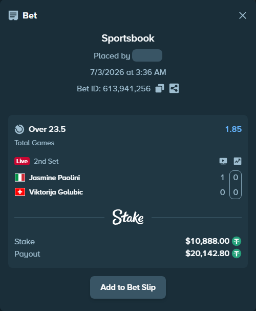 Bet slip: Jasmine Paolini - Viktorija Golubic, $10,898.89 stake at 1.85 odds, placed by zhanjinkun
