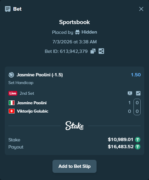 Bet slip: Jasmine Paolini - Viktorija Golubic, $11,000.00 stake at 1.50 odds, placed by Hidden