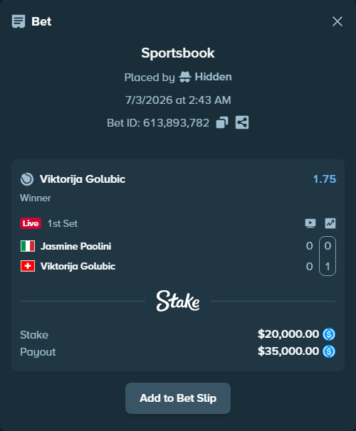 Bet slip: Jasmine Paolini - Viktorija Golubic, $20,000.00 stake at 1.75 odds, placed by Hidden