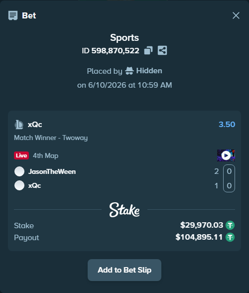 Bet slip: JasonTheWeen - xQc, $30,000.00 stake at 3.50 odds, placed by Hidden