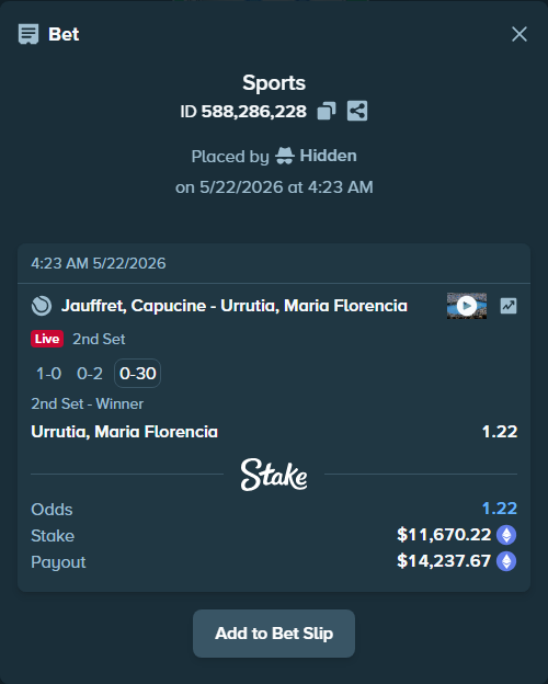 Bet slip: Jauffret, Capucine - Urrutia, Maria Florencia, $9,470.25 stake at 1.22 odds, placed by Hidden