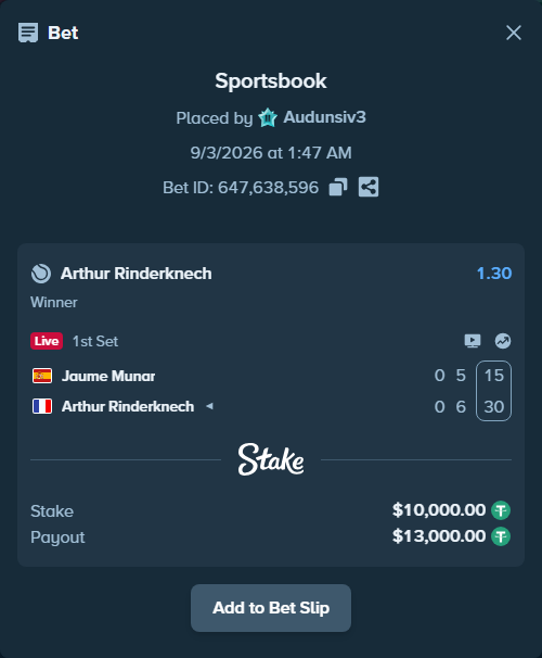Bet slip: Jaume Munar - Arthur Rinderknech, $10,000.00 stake at 1.30 odds, placed by Audunsiv3