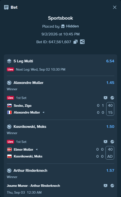 Bet slip: Jaume Munar - Arthur Rinderknech, $11,468.00 stake at 1.57 odds, placed by Hidden