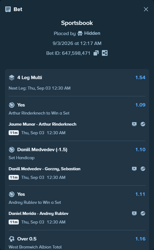 Bet slip: Jaume Munar - Arthur Rinderknech, $12,537.00 stake at 1.09 odds, placed by Hidden