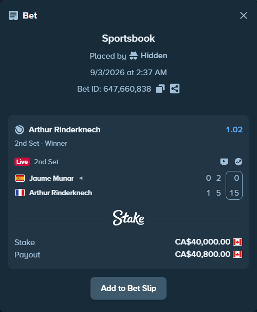 Bet slip: Jaume Munar - Arthur Rinderknech, $29,600.00 stake at 1.02 odds, placed by Hidden