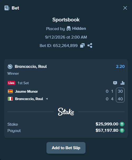 Bet slip: Jaume Munar - Brancaccio, Raul, $25,999.00 stake at 2.20 odds, placed by Hidden