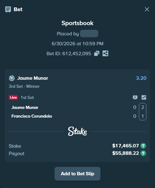 Bet slip: Jaume Munar - Francisco Cerundolo, $17,500.00 stake at 3.20 odds, placed by ayoflasher