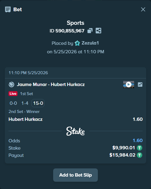 Bet slip: Jaume Munar - Hubert Hurkacz, $10,000.00 stake at 1.60 odds, placed by Zezula1