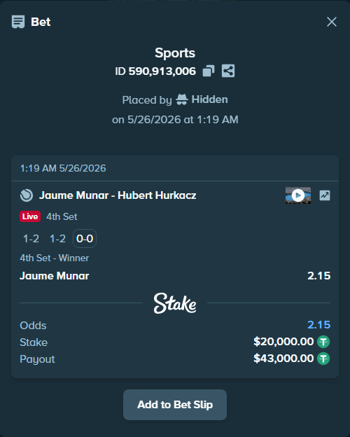 Bet slip: Jaume Munar - Hubert Hurkacz, $20,000.00 stake at 2.15 odds, placed by Hidden