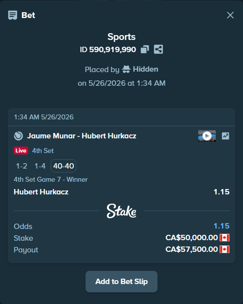 Bet slip: Jaume Munar - Hubert Hurkacz, $37,000.00 stake at 1.15 odds, placed by Hidden
