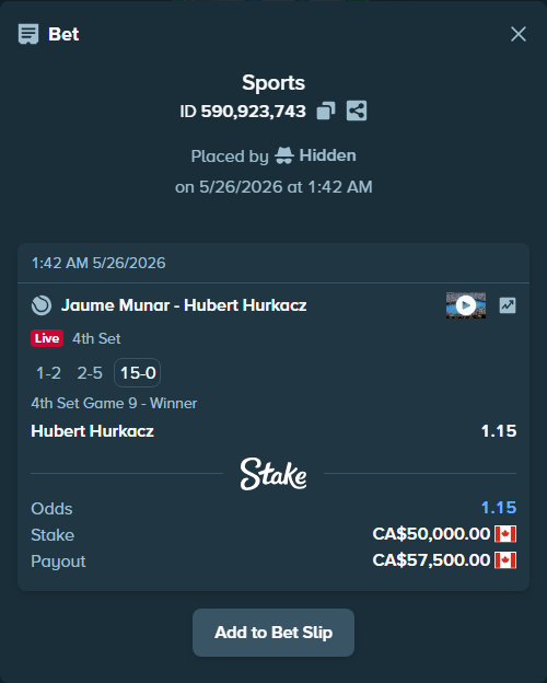 Bet slip: Jaume Munar - Hubert Hurkacz, $37,000.00 stake at 1.15 odds, placed by Hidden