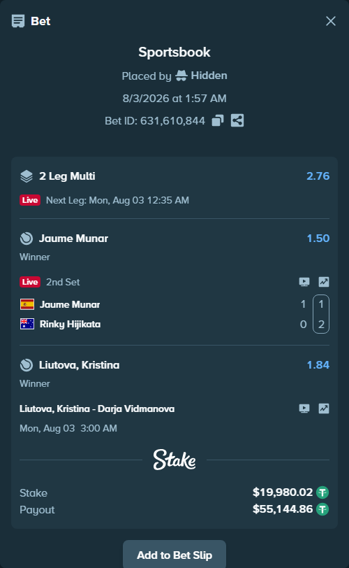 Bet slip: Jaume Munar - Rinky Hijikata, $20,000.00 stake at 1.50 odds, placed by Hidden