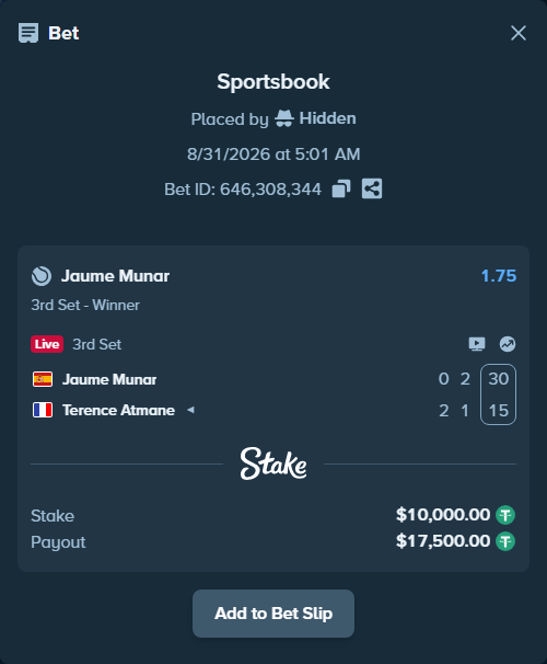 Bet slip: Jaume Munar - Terence Atmane, $10,000.00 stake at 1.75 odds, placed by Hidden