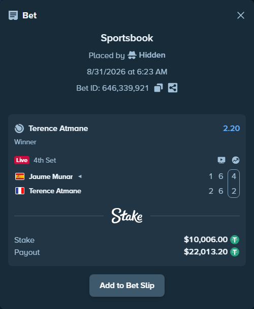Bet slip: Jaume Munar - Terence Atmane, $10,006.00 stake at 2.20 odds, placed by Hidden