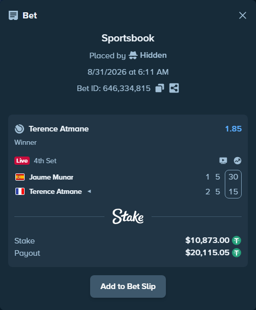 Bet slip: Jaume Munar - Terence Atmane, $10,873.00 stake at 1.85 odds, placed by Hidden