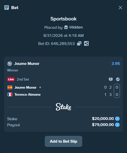 Bet slip: Jaume Munar - Terence Atmane, $20,000.00 stake at 3.95 odds, placed by Hidden