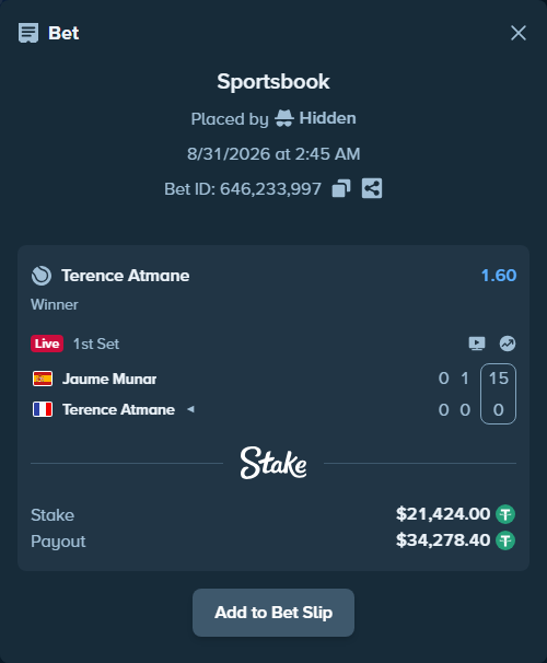 Bet slip: Jaume Munar - Terence Atmane, $21,424.00 stake at 1.60 odds, placed by Hidden