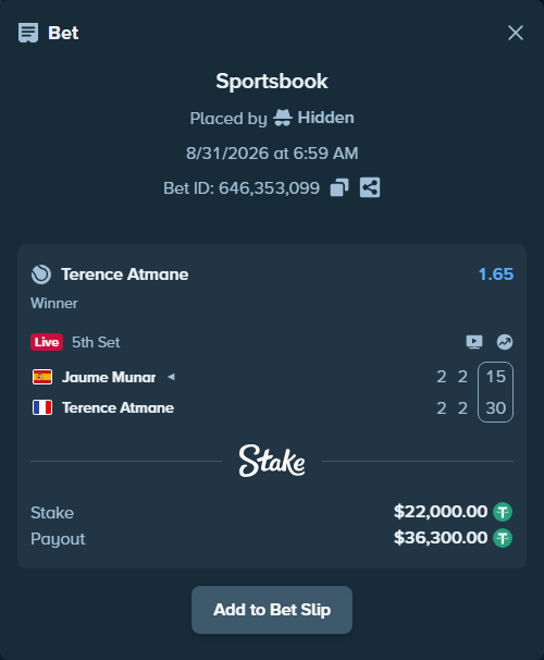 Bet slip: Jaume Munar - Terence Atmane, $22,000.00 stake at 1.65 odds, placed by Hidden
