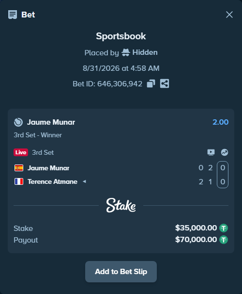 Bet slip: Jaume Munar - Terence Atmane, $35,000.00 stake at 2.00 odds, placed by Hidden