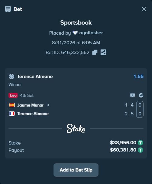 Bet slip: Jaume Munar - Terence Atmane, $38,956.00 stake at 1.55 odds, placed by ayoflasher